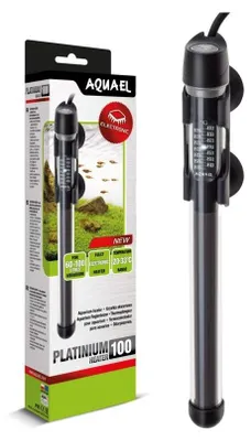 A product shot of an aquarium heater and its packaging.