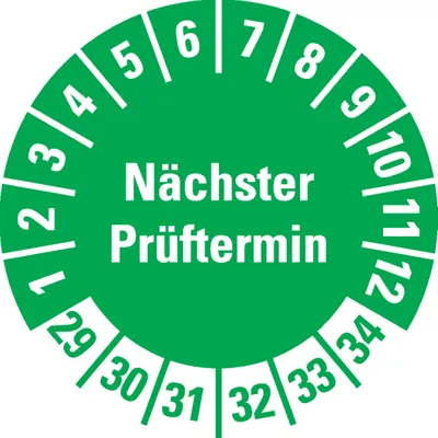 Produktbild von Dreifke® Prüfplakette Nächster Prüftermin 29-34, grün, Schachbrettfolie, Ø 30...