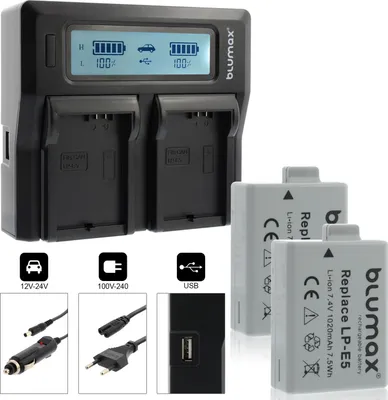 Produktbild von 2x Akku + Lader für Canon EOS 450D, EOS 500D, EOS 1000D LP-E5 1020 mAh