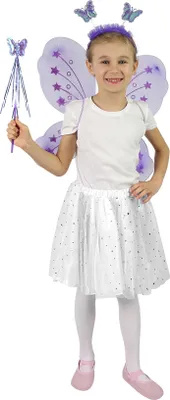 A young girl wearing a fairy costume with wings, a tutu, and a wand.