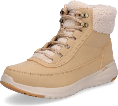 A single beige winter boot with cream-colored faux fur lining, shown from a three-quarter front angle against a white background.