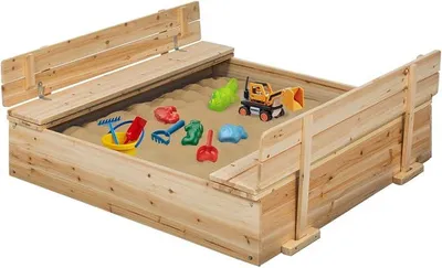 Imagen del producto de - Cubo de arena de madera, reutilizable, con 2 bancos y lonas protectoras