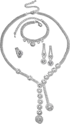 Produktbild von Steuer Modeschmuck Set Kette Ohrringe Armband Ring Metall glanz Strass weiß