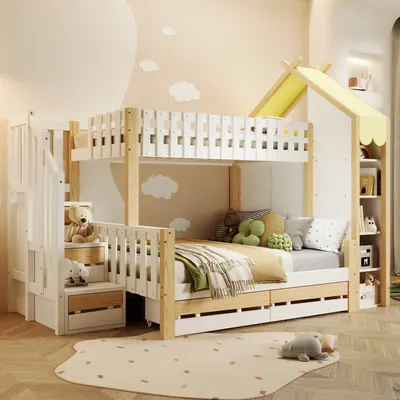 Produktbild von Sweiko Etagenbett,90x200cm+140x200cm,Bettgitter,Stauraumleiter, Hausleiste, 2 Schubladen, Unregelmäßiger Zaun, ohne Matratze,Weiß+ Natur