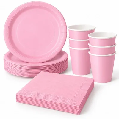Produktbild von Party Deko Set rosa Einweggeschirr für 16 Personen Teller, Becher, Servietten