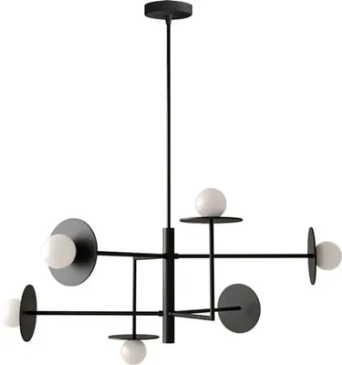 A modern black chandelier with multiple arms and glass globe lights against a white background.