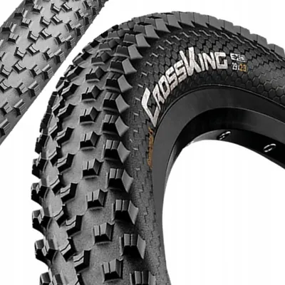 A close-up view of a bicycle tire with prominent tread patterns and branding.
