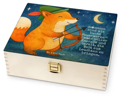 Produktbild von Mr. & Mrs. Panda Tee Box Schütze Astrologie Design - Weiß - Geschenk, Teebeutel Aufbewahrung, teebox holz, Sternzeichen, Geschenkidee, Tierkreiszeichen, für Paare