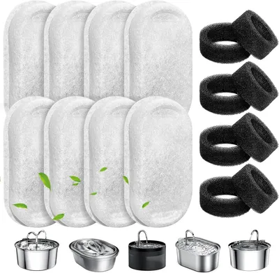 Produktbild von 16 Stück Katzenbrunnen Filter - 8 Stück Kohlefilter Und 8 Stück Schaumfilter - Wasserfilter Passend für 2L/3.2L/4L Edelstahl Trinkbrunnen