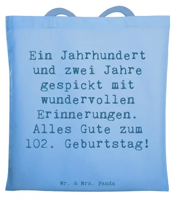 Produktbild von Mr. & Mrs. Panda Uni Tasche Spruch 102. Geburtstag - Sky Blue - Geschenk, besonderes Alter, Alles gut zum, Tote Bag, Happy Birthday, Einkaufstasche, Beutel, Jutetasche