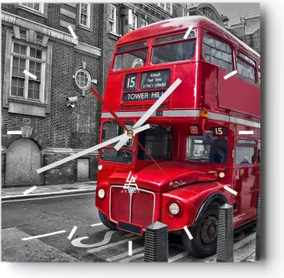 Produktbild von Wanduhr - Quadrat - Glasuhr - Bus Denkmal London Geschichte - 40x40cm - Schleichendes Uhrwerk - Lautlos - zum Aufhängen bereit - Dekoration Modern - Wanddekoration aus Glas - C3AC40x40-2673