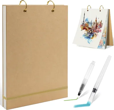 Immagine prodotto di Quaderno da disegno A4, con 60 fogli di carta per acquerelli da 200 g/m², copertina rigida, fornito con 2 pennelli per acquerelli, ideale per dipingere e disegnare