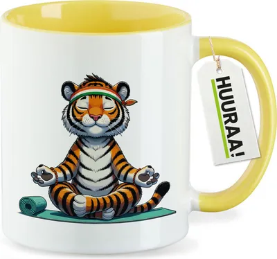 Produktbild von Huuraa Kaffeetasse Yoga Tiger Comic 330ml Gelb Keramik Kaffeebecher Geschenkidee