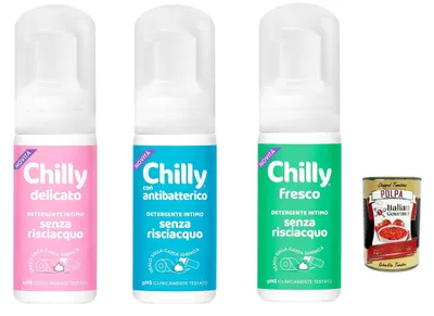 Produktbild von Testpaket Chilly Senza Risciacquo, Delicato - Fresco - Antibatterico - Intimreiniger ohne Ausspülen, zur Verwendung außerhalb des Hauses, pH5 Mousse 100 ml + Italian Gourmet polpa 400g