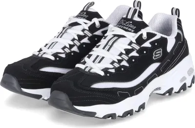 A pair of black and white Skechers D'Lites sneakers are shown from a slightly elevated side angle against a white background.