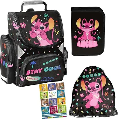 Produktbild von Schulranzen Lilo und Stitch ergonomischer Ranzen Federmappe Turnbeutel Aufgabenheft für die Grundschule 4er-Set. Geeignet ab der ersten Klasse der Grundschule