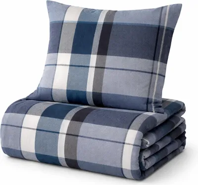 Produktbild von Feinbiber Bettwäsche Blau (Kariert) 2-teilig 155x220/80x80 cm, Bettbezug mit Reißverschluss, warm, weich,  100