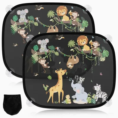 Obrázok produktu pre Ochranné clony do auta pre deti, 2 kusy, rozmer 45x36,5 cm, s UV ochranou, s 8 prísavkami a motívom zvierat