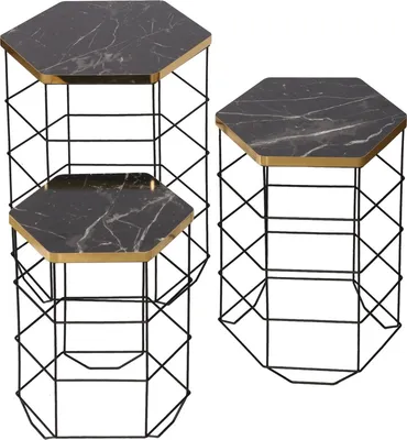 Produktbild von Naturn Living™ Metall Beistelltisch Marmor - Beistelltisch 3er Set - Drahtkorb Beistelltische - Tischplatte Marmoroptik - Drahtkörbe - Schwarz