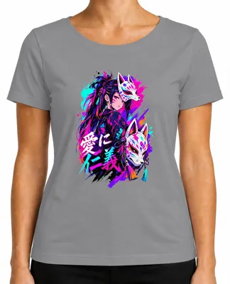 Zdjęcie produktu dla T-shirt damski, styl streetwear, inspirowany japońską mangą, z motywem lisa ("Kitsune"), w stylu neonowym Y2K. Kolor: szary. Rozmiar: L