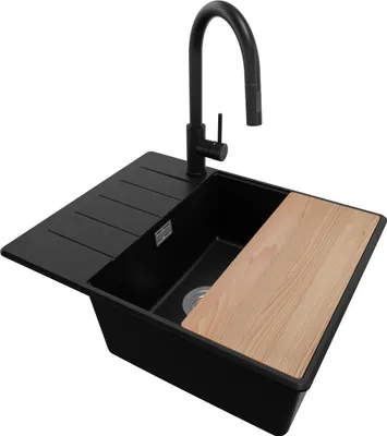 Produktbild von PRIMAGRAN Granitspüle Schwarz 62x50cm, Spülbecken 1 Becken + Küchenarmatur 40x20cm + Ablauf-Set + Schneidebrett, Küchenspüle ab 50er Unterschrank - Kopenhagen
