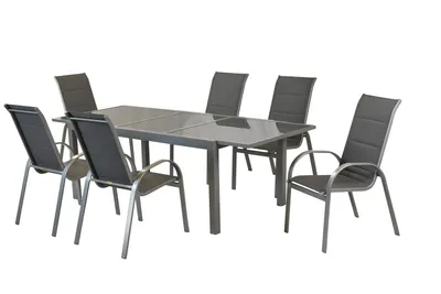 Produktbild von Merxx Gartenmöbelset Amalfi 7tlg., 6 Stapelsessel, 1 Ausziehtisch 140 (200) x 90 cm - Aluminium/Textil