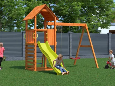 Produktbild von Spielturm Bento A teakfarben inkl. Rutsche gelb