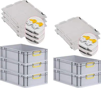 Produktbild von SuperSparSet 5x Eurobox NextGen Color mit Scharnierdeckel und Schiebeschnappverschlüssen | HxBxT 17x40x60cm | 34 Liter | Grau | Griffe gelb geschlossen | Glatter Boden | Eurobehälter, Transportbox, Transportbehälter, Stapelbehälter