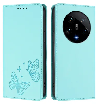 Produktbild von Lederhülle für Xiaomi 14 Ultra, Schmetterling Prägung Leder Brieftasche Schutzhülle mit Ständer Türkis