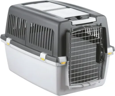 Produktbild von Kerbl 84585, Fester Transportbox, Haustiertransportbox zum Fliegen, Hund, 25 kg, Frontlader, Schwarz, Grau