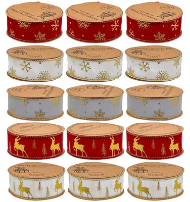 Productafbeelding van Kerst Cadeauband 15-delig Set - Decoratieband - Verpakkingsband - Stofband - Polyester-Satijn - 2,5 cm breed, 2,7 m lang