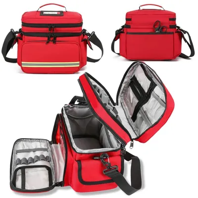 Image de Trousse de premiers secours vide, à double compartiment, rouge, avec bandoulière