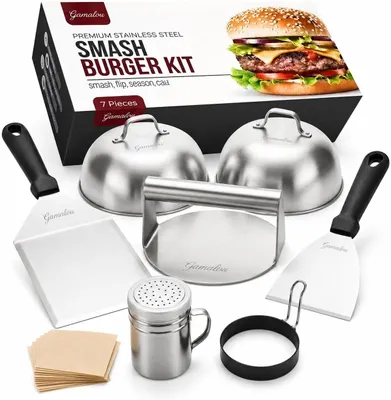 Imagen del producto de Kit para hamburguesas de acero inoxidable, de 7 piezas, que incluye una prensa para hamburguesas, tapas para fundir el queso, una espátula, ideal para la cocina