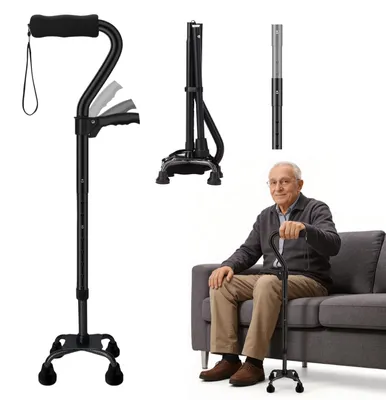 Image de Bâton de marche pliable, réglable en hauteur, avec une base à 4 pieds et une poignée double, idéal pour l'aide à la marche