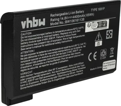 Produktbild von vhbw Akku Ersatz für Dell 1691P, 312-0009, 75UYF, 5208U, 66912, 53977, 312-3250, 312-0028, 5081P, 3149C für Notebook (4400 mAh, 14,8 V, Li-Ion)