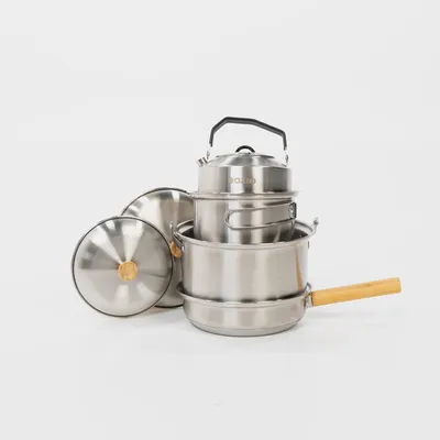 Produktbild von Campingpfanne Edelstahl - Stapelbare Pfannen Set - Outdoor Kochgeschirr