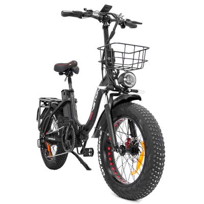A black electric bicycle with fat tires and a front basket, shown from a front-side angle against a white background.