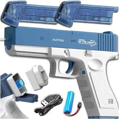 Produktbild von Elektrische Wasserpistole Automatik Glock-Style – Automatisches Wassergewehr mit 2 Magazinen – USB-Akku & 10m Reichweite – Blau