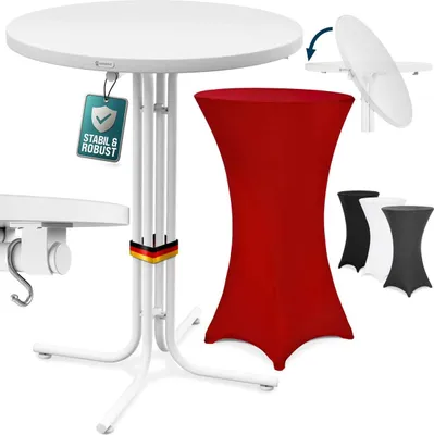 Image de CASARIA® Table haute pliable blanche avec housse bordeaux-rouge mange debout 110 cm bar bistrot jardin 2 crochets inclus
