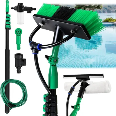 Produktbild von Clanmacy Waschbürste Teleskopstiel 3.6/4.8m lang, besen mit Wasseranschluss, für Reinigung von Terrassenplatten, Fenster- und Glasflächen usw