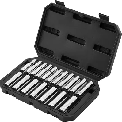 Zdjęcie produktu dla SucceBuy 18-częściowy zestaw kluczy nasadowych, napęd 12,7 mm, zestaw narzędzi z rozmiarami metrycznymi od 10 do 27 mm, w tym walizka do przechowywania, łatwe do odczytania oznaczenia, wykonane z chromowanej stali CR-V