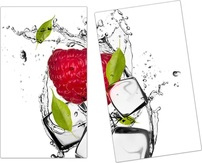 Produktbild von Spritzschutz Herdabdeckplatte Schneidebrett aus Glas Himbeere mit Eiswürfeln 2-Teilig (60x52cm)