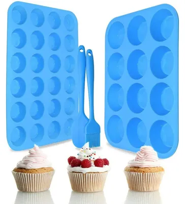 Produktbild von Silikon Muffin-Backform Set 2 Stück - 12er & 24er Cupcake Form BPA frei, antihaft, blau