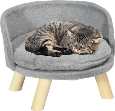 Obrázok produktu pre Ležadlo pre psov a mačky, psie kreslo s protišmykovými drevenými nožičkami a vankúšom, sivé, 40,5 x 40,5 x 33 cm, do interiéru