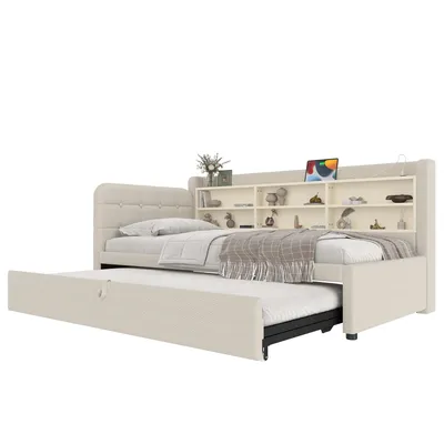 Image de Sweiko Daybed, 90x200cm(180 x 200 cm) , lit de jour, canapé-lit, design de lit gigogne multifonctionnel, USB + type C, plusieurs étagères, lit avec sommier (sans matelas), lin, beige