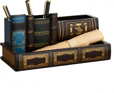 Produktbild von Vintage Stiftehalter aus Holz im Buch-Design – Schreibtisch Organizer mit 4 Fächern, kompakt 24 x 12 x 11,5 cm, braun, für Büro Homeoffice Schule, für Stifte Marker Lineale