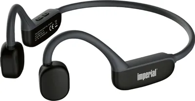 A pair of black and gray bone conduction headphones shown from a diagonal angle against a white background.