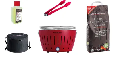 Obrázok produktu pre LotusGrill Classic Starter Set 1x gril ohnisko červený s USB pripojením, 1x bukové uhlie 2,5 kg, 1x palivová pasta 200ml, 1x kliešte na klobásy (farba
