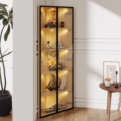 Obrázok produktu pre Sklenené vitríny 62 x 35 x 160 cm, rohová vitrína s LED osvetlením, vzhľad dreva orecha