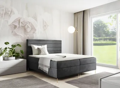 Produktbild von Sofello Boxspringbett 180 x 200cm 2x Bettkasten TOPPER 5cm Gratis Grau Velour hohe goldene Beine